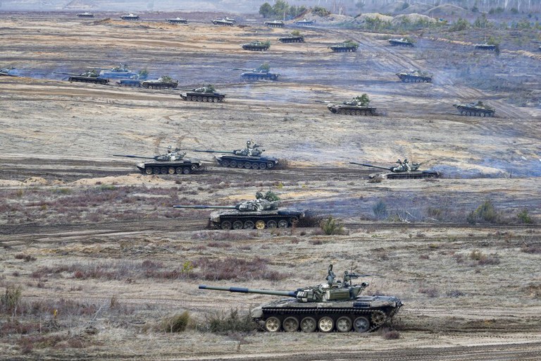 Tanks at Russia-Belarus military drills at the Obuz-Lesnovsky training ground in Belarus Feb. 19, 2022, prior to the Russian invasion of Ukraine. Credit: AP